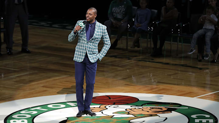 Feb 11, 2018; Boston, MA, USA; Former Boston Celtics forward Paul Pierce speaks to the crowd during the ceremony to retire his number at TD Garden following the game between the Boston Celtics and the Cleveland Cavaliers. Mandatory Credit: Winslow Townson-Imagn Images