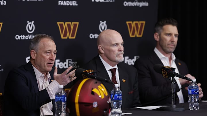 Washington Commanders managing partner Josh Harris (left), head coach Dan Quinn (center), and general manager Adam Peters (right). Washington Commanders managing partner Josh Harris (left), head coach Dan Quinn (center), and general manager Adam Peters (right).