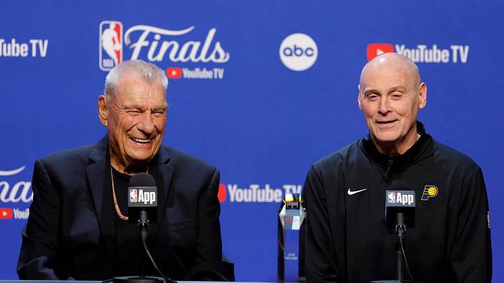 Jun 8, 2025; Oklahoma City, Oklahoma, USA; (from left) former general manager Don Nelson and Indiana Pacers head coach Rick Carlisle speak to the media before game two between the Oklahoma City Thunder and the Indiana Pacers in the 2025 NBA Finals at Paycom Center. Mandatory Credit: Alonzo Adams-Imagn Images