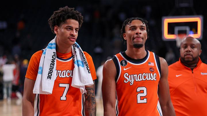 Jan 6, 2026; Atlanta, Georgia, USA; Syracuse Orange guard Kiyan Anthony (7) and guard J.J. Starling (2) walk off the court after a victory over the Georgia Tech Yellow Jackets at McCamish Pavilion. Mandatory Credit: Brett Davis-Imagn Images