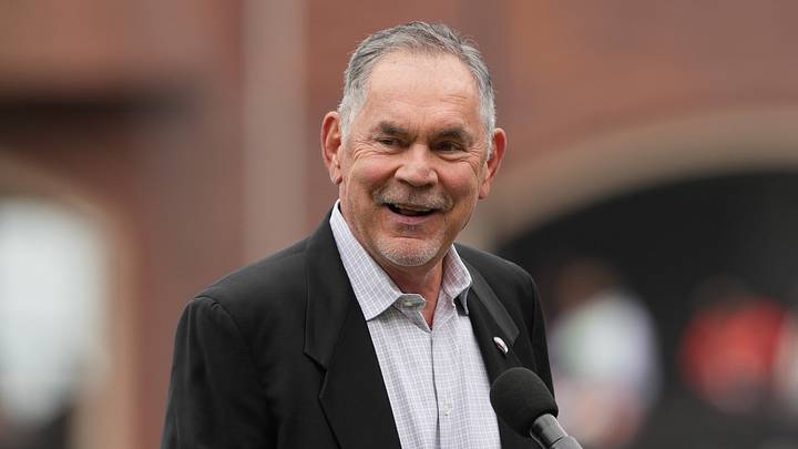 Apr 25, 2026; San Francisco, California, USA; San Francisco Giants former manager Bruce Bochy speaks before the game against the Miami Marlins at Oracle Park. Mandatory Credit: Darren Yamashita-Imagn Images