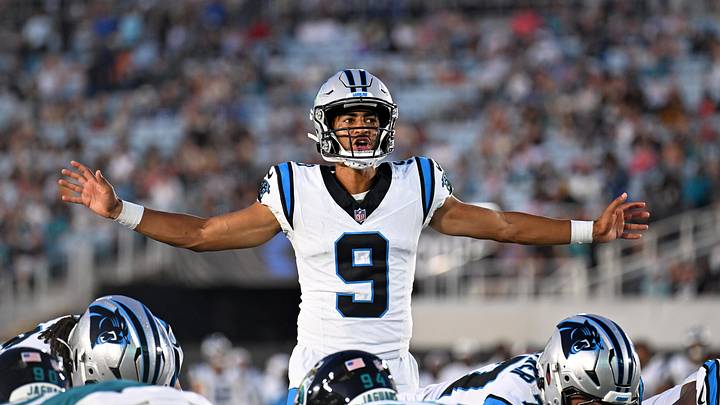 Carolina Panthers quarterback Bryce Young (9) calls an audible during the first quarter 