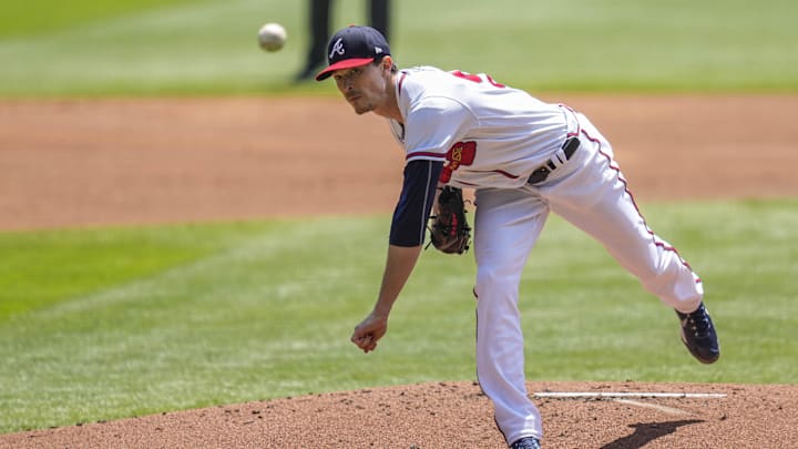 Apr 23, 2023; Cumberland, Georgia, USA; Atlanta Braves starting pitcher Max Fried (54) pitches