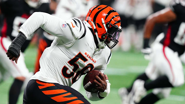 Aug 18, 2023; Atlanta, Georgia, USA; Cincinnati Bengals defensive end Joseph Ossai (58) returns an