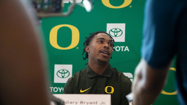 Oregon’s Gary Bryant Jr. answers questions during Oregon football’s media day Monday, July 29, 2024 at Autzen Stadium in Eugene, Ore.