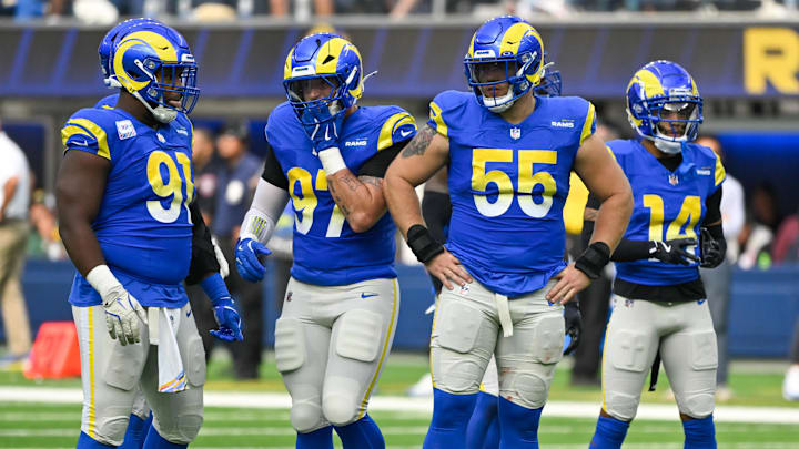 Oct 6, 2024; Inglewood, California, USA; Los Angeles Rams defensive tackle Kobie Turner (91), linebacker Michael Hoecht (97), defensive tackle Braden Fiske (55) and cornerback Cobie Durant (14) during the second half against the Green Bay Packers at SoFi Stadium. Mandatory Credit: Robert Hanashiro-Imagn Images Oct 6, 2024; Inglewood, California, USA; Los Angeles Rams defensive tackle Kobie Turner (91), linebacker Michael Hoecht (97), defensive tackle Braden Fiske (55) and cornerback Cobie Durant (14) during the second half against the Green Bay Packers at SoFi Stadium. Mandatory Credit: Robert Hanashiro-Imagn Images