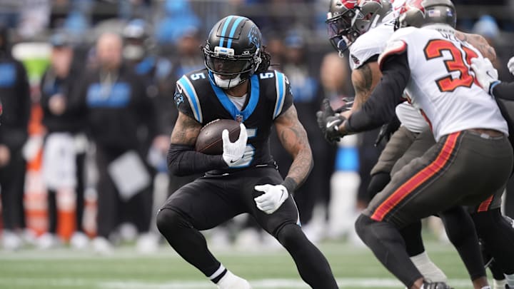 Carolina Panthers running back Rico Dowdle (5) runs during the first half 
