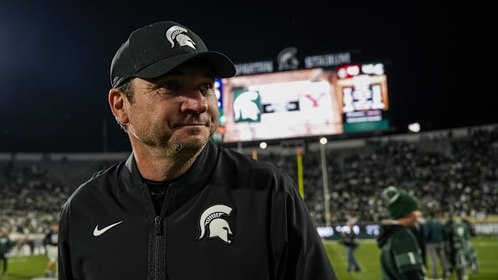 Sep 6, 2025; East Lansing, Michigan, USA; Michigan State head coach Jonathan Smith walks across the field following  a double-overtime victory over Boston College at Spartan Stadium. Mandatory Credit: Brendan Mullin-Imagn Images