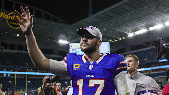 Jan 7, 2024; Miami Gardens, Florida, USA; Buffalo Bills quarterback Josh Allen (17) reacts after the game against the Miami Dolphins at Hard Rock Stadium. 