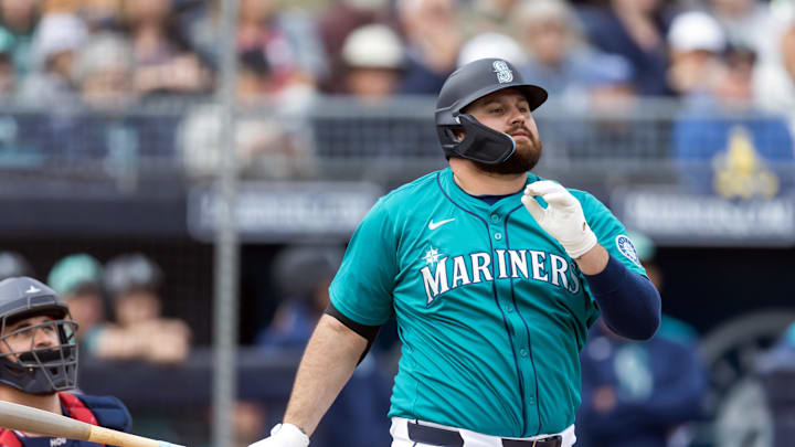 Seattle Mariners first baseman Rowdy Tellez against the Cleveland Guardians during a spring training game at Peoria Sports Complex on March 3.
