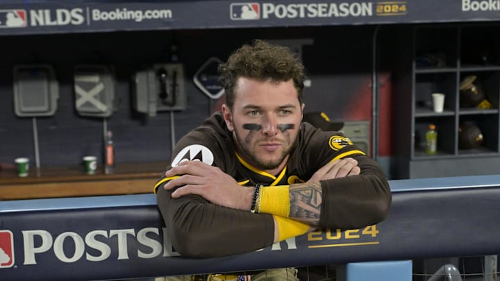 San Diego Padres outfielder Jackson Merrill (3) reacts after game five against the Los Angeles Dodgers in the NLDS at Dodger Stadium on Oct. 11, 2024 San Diego Padres outfielder Jackson Merrill (3) reacts after game five against the Los Angeles Dodgers in the NLDS at Dodger Stadium on Oct. 11, 2024