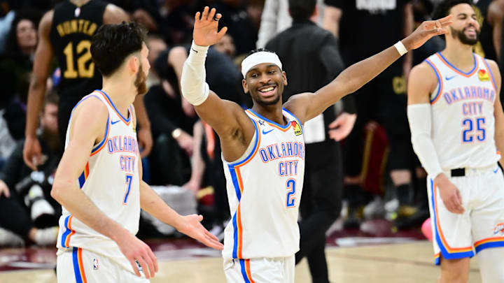 Jan 19, 2026; Cleveland, Ohio, USA; Oklahoma City Thunder guard Shai Gilgeous-Alexander (2) and center Chet Holmgren (7) celebrate after a three point basket during the second half against the Cleveland Cavaliers at Rocket Arena. Mandatory Credit: Ken Blaze-Imagn Images Jan 19, 2026; Cleveland, Ohio, USA; Oklahoma City Thunder guard Shai Gilgeous-Alexander (2) and center Chet Holmgren (7) celebrate after a three point basket during the second half against the Cleveland Cavaliers at Rocket Arena. Mandatory Credit: Ken Blaze-Imagn Images