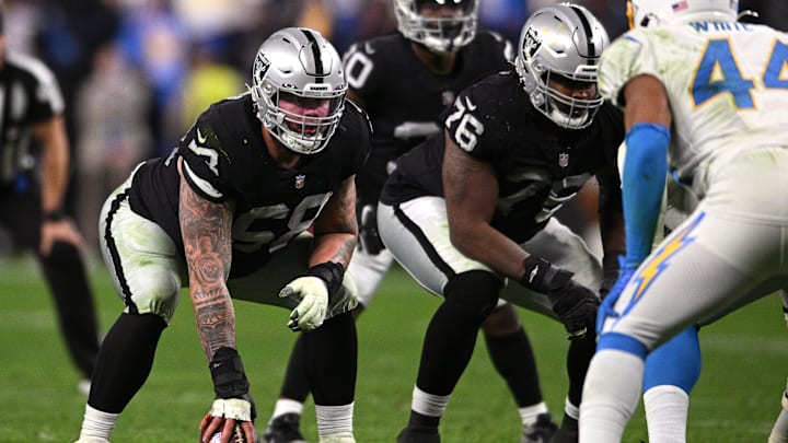Jan 9, 2022; Paradise, Nevada, USA; Las Vegas Raiders center Andre James (68) awaits the snap during