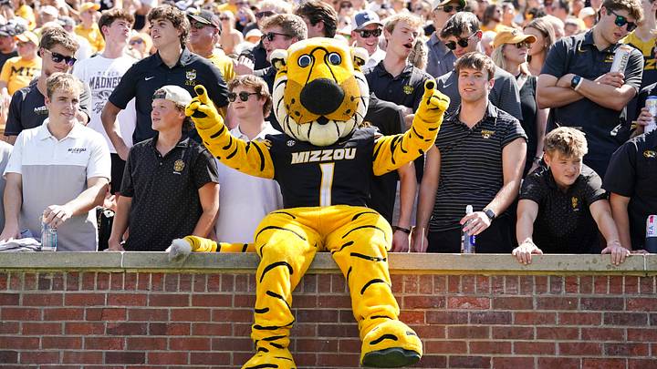 Sep 13, 2025; Columbia, Missouri, USA; The Missouri Tigers mascot Truman performs against the Louisiana-Lafayette Ragin Cajuns during the first half of the game at Faurot Field at Memorial Stadium. Mandatory Credit: Denny Medley-Imagn Images