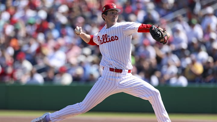 Mar 1, 2026; Clearwater, Florida, USA; Philadelphia Phillies starting pitcher Andrew Painter (76) throws a pitch against the New York Yankees in the first inning during spring training at BayCare Ballpark. Mandatory Credit: Nathan Ray Seebeck-Imagn Images