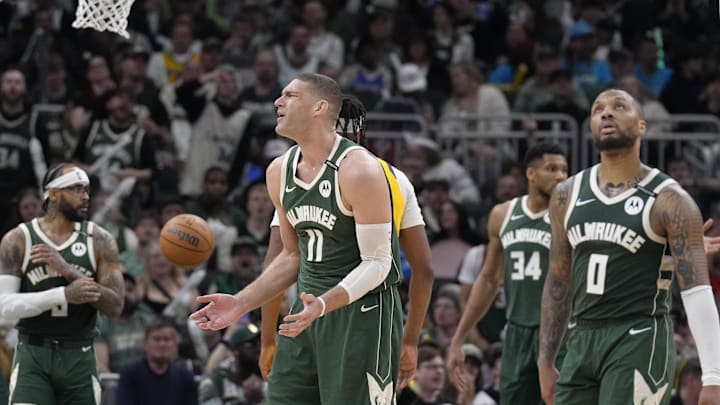 Apr 25, 2025; Milwaukee, Wisconsin, USA; Milwaukee Bucks center Brook Lopez (11) is upset with a foul called on him against the Indiana Pacers in the second half during game three of first round for the 2024 NBA Playoffs at Fiserv Forum. Mandatory Credit: Michael McLoone-Imagn Images