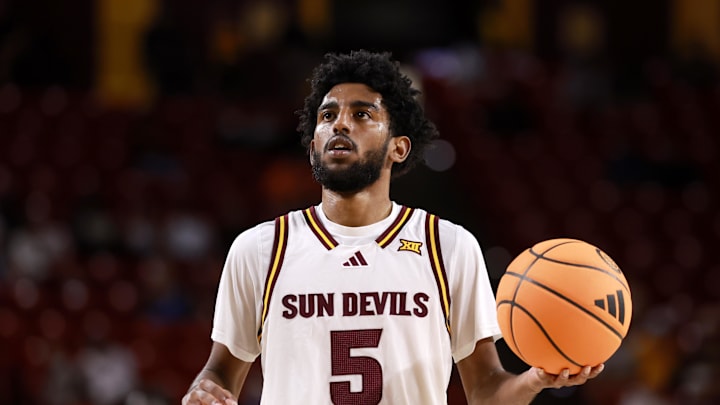 Jan 3, 2026; Tempe, Arizona, USA; Arizona State Sun Devils guard Maurice Odum (5) against the Colorado Buffaloes at Desert Financial Arena. Mandatory Credit: Mark J. Rebilas-Imagn Images