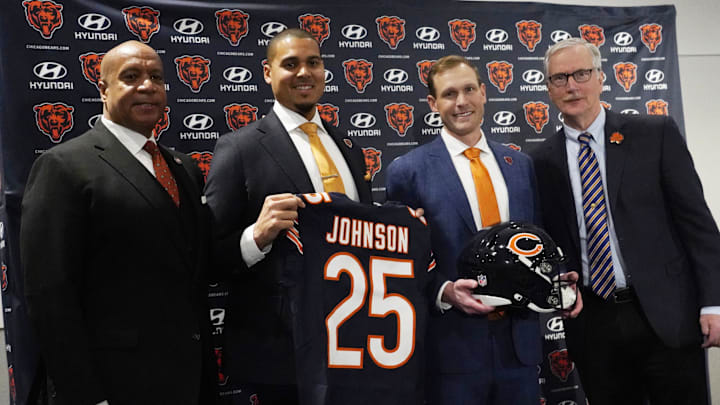 Jan 22, 2025; Lake Forest, IL, USA; Chicago Bears (R-L) President Kevin Warren, general manager Ryan Poles, new head coach Ben Johnson and chairman George McCaskey  pose for photos after a press conference introducing Johnson at PNC Center. Mandatory Credit: David Banks-Imagn Images
