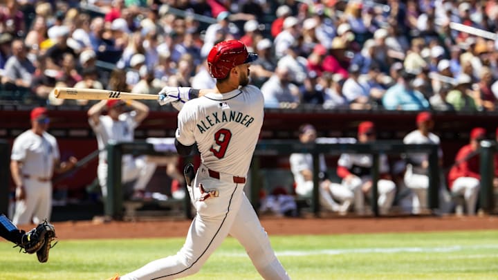 Apr 3, 2024; Phoenix, Arizona, USA; Arizona Diamondbacks second baseman Blaze Alexander hits his Apr 3, 2024; Phoenix, Arizona, USA; Arizona Diamondbacks second baseman Blaze Alexander hits his