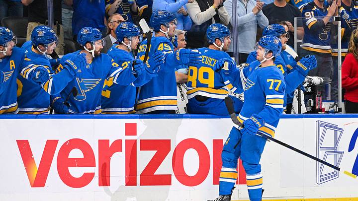 Oct 8, 2026; St. Louis, Missouri, USA; St. Louis Blues left wing Connor McMichael (77) is congratulated by teammates after scoring against the San Jose Sharks during the first period at Enterprise Center. Mandatory Credit: Jeff Curry-Imagn Images Oct 8, 2026; St. Louis, Missouri, USA; St. Louis Blues left wing Connor McMichael (77) is congratulated by teammates after scoring against the San Jose Sharks during the first period at Enterprise Center. Mandatory Credit: Jeff Curry-Imagn Images