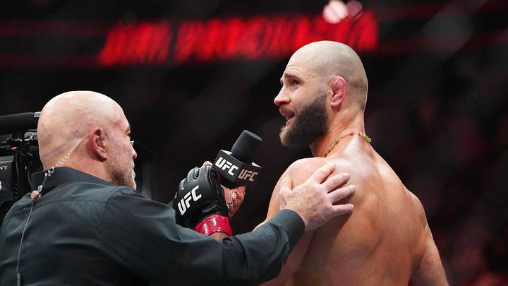 Oct 4, 2025; Las Vegas, Nevada, UNITED STATES; Jiri Prochazka (red gloves) reacts after the fight against Khalil Rountree Jr (blue gloves) during UFC 320 at T-Mobile Arena. Mandatory Credit: Stephen R. Sylvanie-Imagn Images