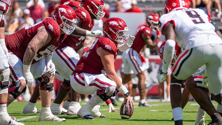 Arkansas Razorbacks center calls for protection changes against Georgia Bulldogs on Saturday, Sept. 19, 2026. Arkansas Razorbacks center calls for protection changes against Georgia Bulldogs on Saturday, Sept. 19, 2026.
