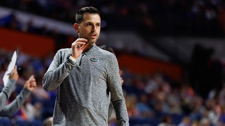 Nov 21, 2025; Gainesville, Florida, USA; Florida Gators head coach Todd Golden gestures against the Merrimack Warriors during the first half at Exactech Arena at the Stephen C. O'Connell Center. Mandatory Credit: Matt Pendleton-Imagn Images