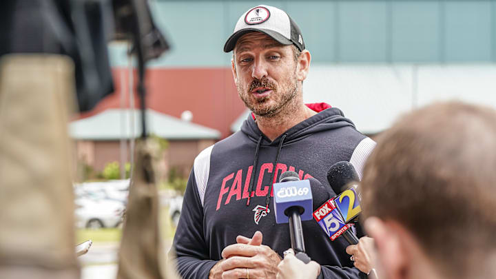 Jun 14, 2023; Flowery Branch, GA, USA; Atlanta Falcons defensive coordinator Ryan Nielsen answers questions for the media during minicamp at IBM Performance Field.  Mandatory Credit: Dale Zanine-Imagn Images