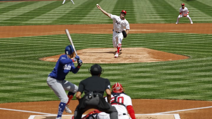 Apr 3, 2026; Washington, District of Columbia, USA; Washington Nationals pitcher Miles Mikolas (36) pitches against Los Angeles Dodgers shortstop Mookie Betts (50) during the first inning at Nationals Park. Mandatory Credit: Geoff Burke-Imagn Images