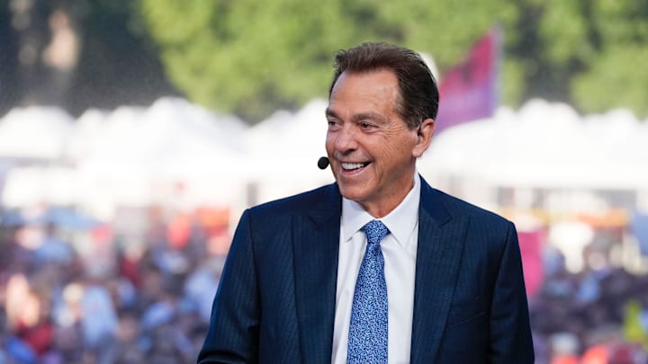 Oct. 4, 2025; Tuscaloosa, Alabama, USA; Former Alabama coach Nick Saban smiles as he is on set during ESPN’s College GameDay on location on the Quad at the University of Alabama before the Alabama versus Vanderbilt game.