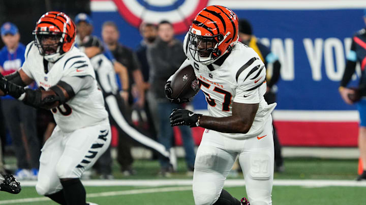 Bengals Germaine Pratt (57) takes the ball down the field after an interception during their game against the Giants at MetLife Stadium on Sunday October 13, 2024. Bengals lead the game 7-0 at halftime. Bengals Germaine Pratt (57) takes the ball down the field after an interception during their game against the Giants at MetLife Stadium on Sunday October 13, 2024. Bengals lead the game 7-0 at halftime.