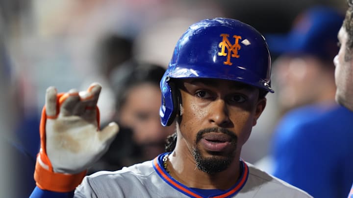 Jun 22, 2025; Philadelphia, Pennsylvania, USA; New York Mets infielder Francisco Lindor (12) celebrates with teammates after hitting a home run against the Philadelphia Phillies in the eighth inning at Citizens Bank Park. Mandatory Credit: Kyle Ross-Imagn Images Jun 22, 2025; Philadelphia, Pennsylvania, USA; New York Mets infielder Francisco Lindor (12) celebrates with teammates after hitting a home run against the Philadelphia Phillies in the eighth inning at Citizens Bank Park. Mandatory Credit: Kyle Ross-Imagn Images