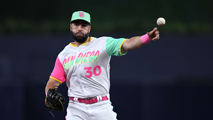 Jul 15, 2022; San Diego, California, USA; San Diego Padres first baseman Eric Hosmer (30) throws to first base on a ground out by Arizona Diamondbacks second baseman Sergio Alcantara (not pictured) during the seventh inning at Petco Park. Mandatory Credit: Orlando Ramirez-Imagn Images Jul 15, 2022; San Diego, California, USA; San Diego Padres first baseman Eric Hosmer (30) throws to first base on a ground out by Arizona Diamondbacks second baseman Sergio Alcantara (not pictured) during the seventh inning at Petco Park. Mandatory Credit: Orlando Ramirez-Imagn Images