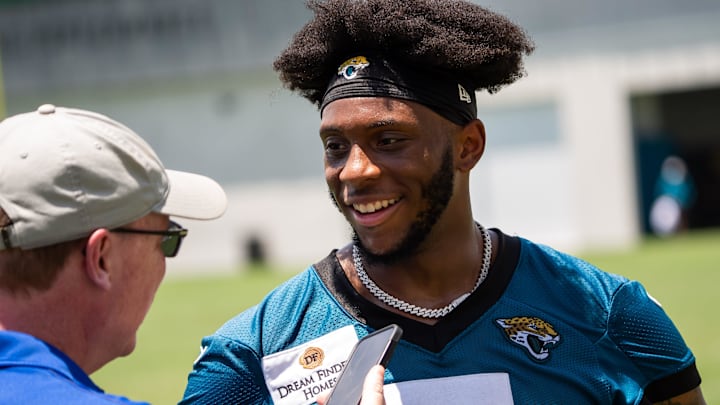 Jacksonville Jaguars wide receiver Dyami Brown (5) answers questions during a press conference after the fourth organized team activity at the Miller Electric Center in Jacksonville, Fla. Tuesday, May 27, 2025. [Doug Engle/Florida Times-Union]