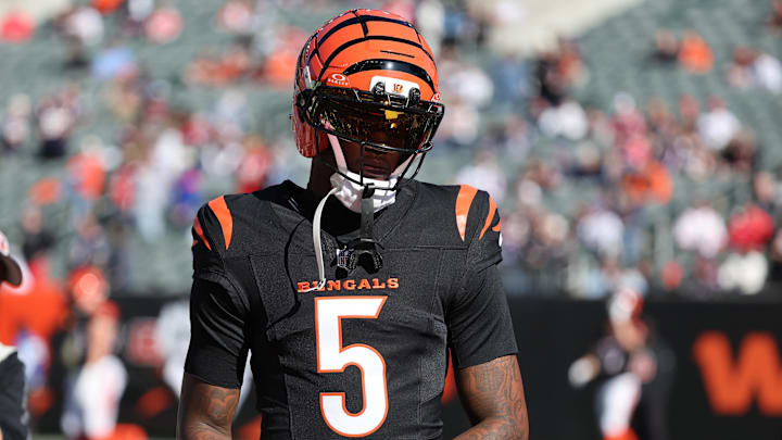 Cincinnati Bengals wide receiver Tee Higgins (5) warms up before a game against the New England Patriots at Paycor Stadium. 