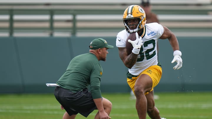 Packers running back MarShawn Lloyd carries the ball during OTAs in May.
