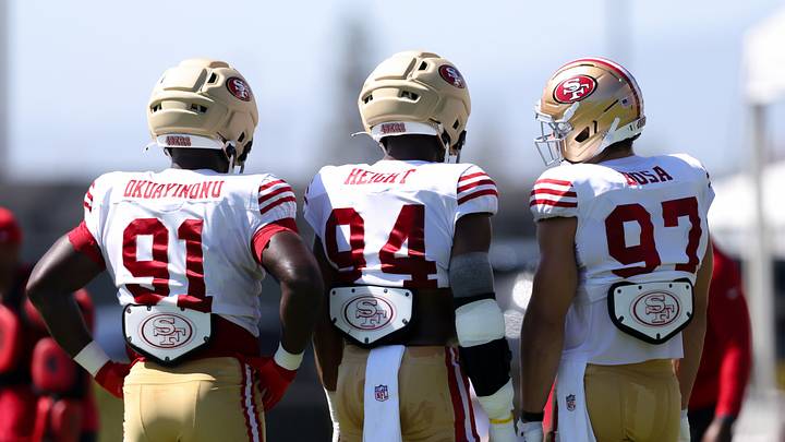 Aug 3, 2026; San Francisco, CA, USA; San Francisco 49ers defensive tackle Sam Okuayinonu (91) and defensive end Romello Height (94) and defensive end Nick Bosa (97) during training camp at Levi's Stadium. Aug 3, 2026; San Francisco, CA, USA; San Francisco 49ers defensive tackle Sam Okuayinonu (91) and defensive end Romello Height (94) and defensive end Nick Bosa (97) during training camp at Levi's Stadium.