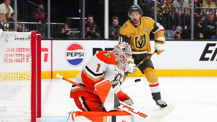 May 4, 2026; Las Vegas, Nevada, USA; Anaheim Ducks goaltender Lukas Dostal (1) makes a save as Vegas Golden Knights right wing Mark Stone (61) awaits a rebound during the first period of game one of the second round of the 2026 Stanley Cup Playoffs at T-Mobile Arena. Mandatory Credit: Stephen R. Sylvanie-Imagn Images
