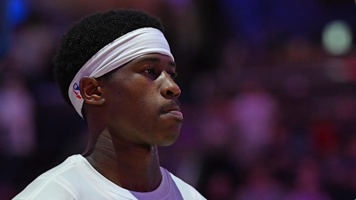 Mar 10, 2026; Philadelphia, Pennsylvania, USA; Philadelphia 76ers guard Vj Edgecombe (77) during national anthem against the Memphis Grizzlies at Xfinity Mobile Arena. Mandatory Credit: Eric Hartline-Imagn Images Mar 10, 2026; Philadelphia, Pennsylvania, USA; Philadelphia 76ers guard Vj Edgecombe (77) during national anthem against the Memphis Grizzlies at Xfinity Mobile Arena. Mandatory Credit: Eric Hartline-Imagn Images