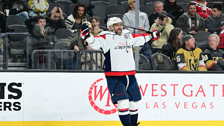 Washington Capitals forward Alexander Ovechkin celebrates a goal during a game against the Vegas Golden Knights. Ovechkin is week-to-week with a knee injury.