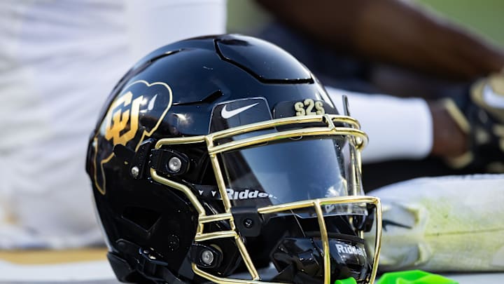 Oct 7, 2023; Tempe, Arizona, USA; Detailed view of a Colorado Buffaloes helmet at Mountain America Stadium. Mandatory Credit: Mark J. Rebilas-Imagn Images