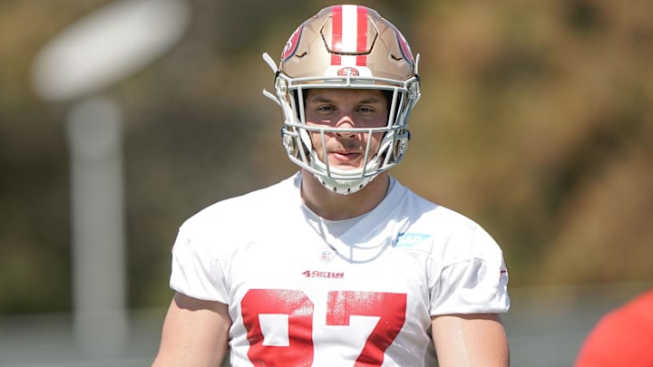Jul 27, 2019; Santa Clara, CA, USA; San Francisco 49ers defensive end Nick Bosa (97) during training camp at the SAP Performance Facility. Mandatory Credit: Stan Szeto-USA TODAY Sports