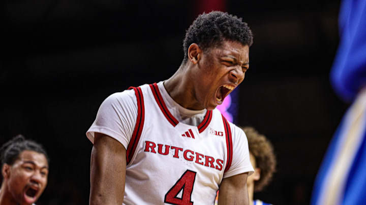 Jan 13, 2025; Piscataway, New Jersey, USA; Rutgers Scarlet Knights guard Ace Bailey (4) celebrates during the second half against the UCLA Bruins at Jersey Mike's Arena. Mandatory Credit: Vincent Carchietta-Imagn Images