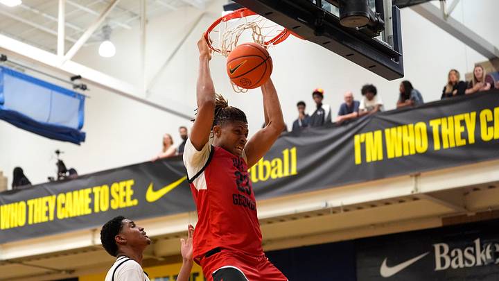 PG Elite Precious Sam (23) dunks the ball during the second day of the 2026 Nike EYBL Peach Jam at Riverview Park Activities Center in North Augusta, S.C., on Wednesday, July 15, 2026. PG Elite Precious Sam (23) dunks the ball during the second day of the 2026 Nike EYBL Peach Jam at Riverview Park Activities Center in North Augusta, S.C., on Wednesday, July 15, 2026.