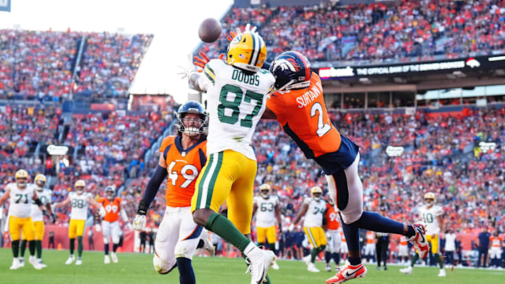 Oct 22, 2023; Denver, Colorado, USA; Green Bay Packers wide receiver Romeo Doubs (87) pulls in a