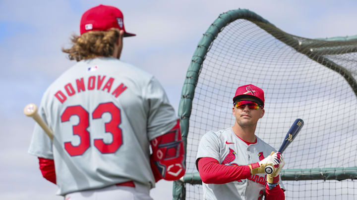 Feb 19, 2024; Jupiter, FL, USA; St. Louis Cardinals center fielder Lars Nootbaar (21) talks to