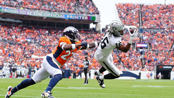 Sep 10, 2023; Denver, Colorado, USA; Las Vegas Raiders wide receiver Jakobi Meyers (16) pulls in a