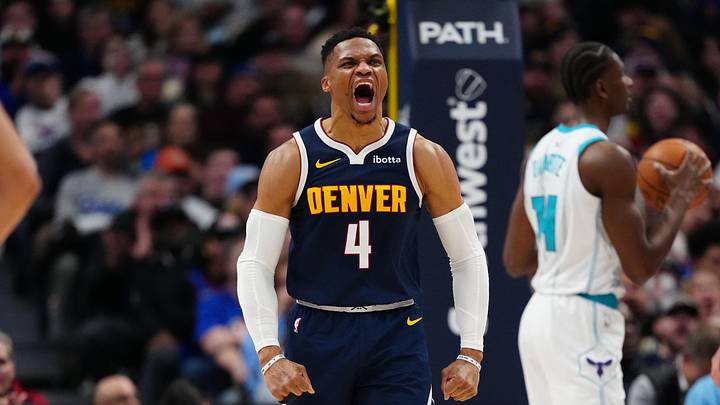 Denver Nuggets guard Russell Westbrook (4) reacts to his score in the second quarter 