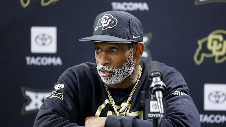 Apr 4, 2025; Boulder, CO, USA; Colorado Buffaloes head coach Deion Sanders speaks to the media at the University of Colorado NFL Showcase at the CU Indoor Practice Facility. Mandatory Credit: Michael Ciaglo-Imagn Images