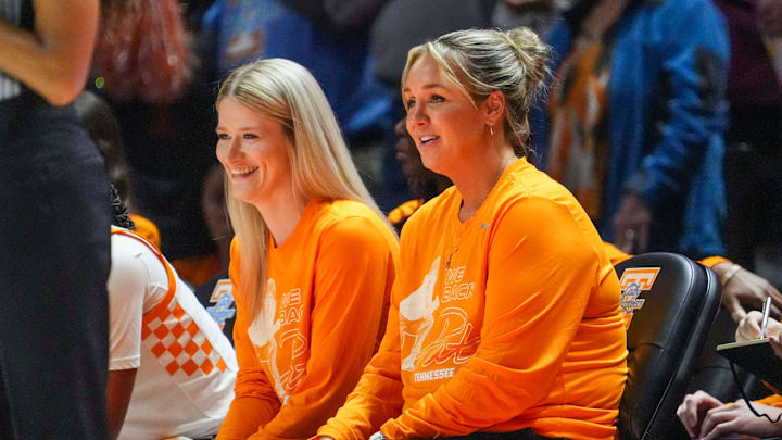 Tennessee Lady Vols head coach Kim Caldwell and Tennessee Lady Vols assistant coach Jenna Burdette during a women's college basketball game between the Lady Vols and Mississippi State at Thompson-Boling Arena at Food City Center on Thursday, Jan. 16, 2025.